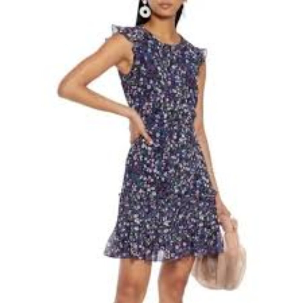 Saloni Bea Watercolor Blue Floral Button up lined  Dress woman's  US 8